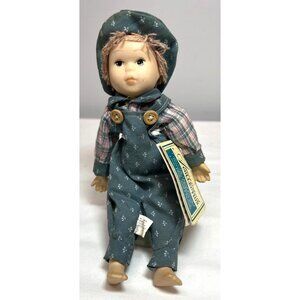 Collectible Hand Painted Porcelain Doll In Overalls & Plaid Shirt